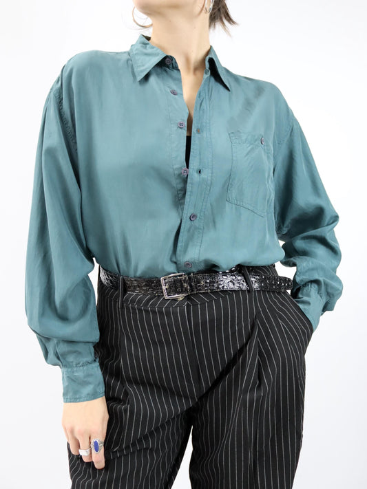 Vintage 80er 90er GUY Seidenhemd Hemd langarm Seide petrol M