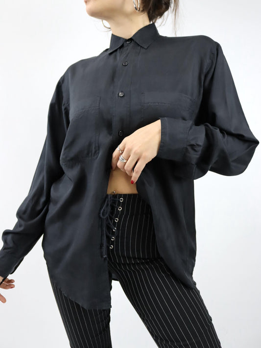 Vintage 80er 90er INVER & BRASS Seidenhemd Hemd langarm Seide schwarz S