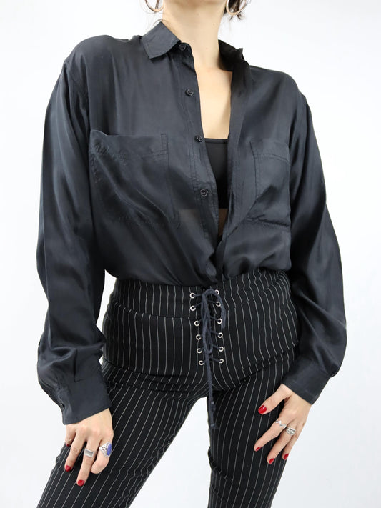 Vintage 80er 90er INVER & BRASS Seidenhemd Hemd langarm Seide schwarz S