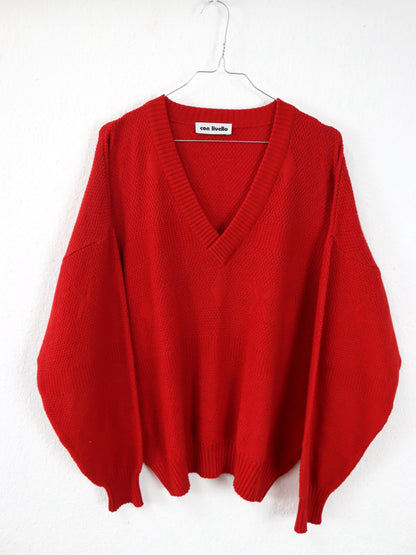 Vintage 80s 90s CON LIVELLO Wool Sweater Pullover V-Neck Virgin Wool Red M
