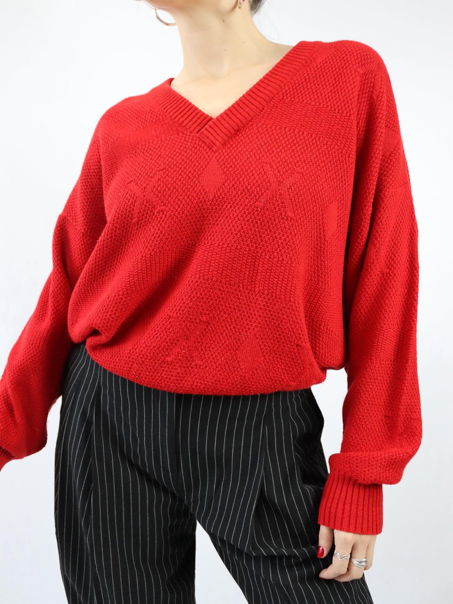 Vintage 80s 90s CON LIVELLO Wool Sweater Pullover V-Neck Virgin Wool Red M