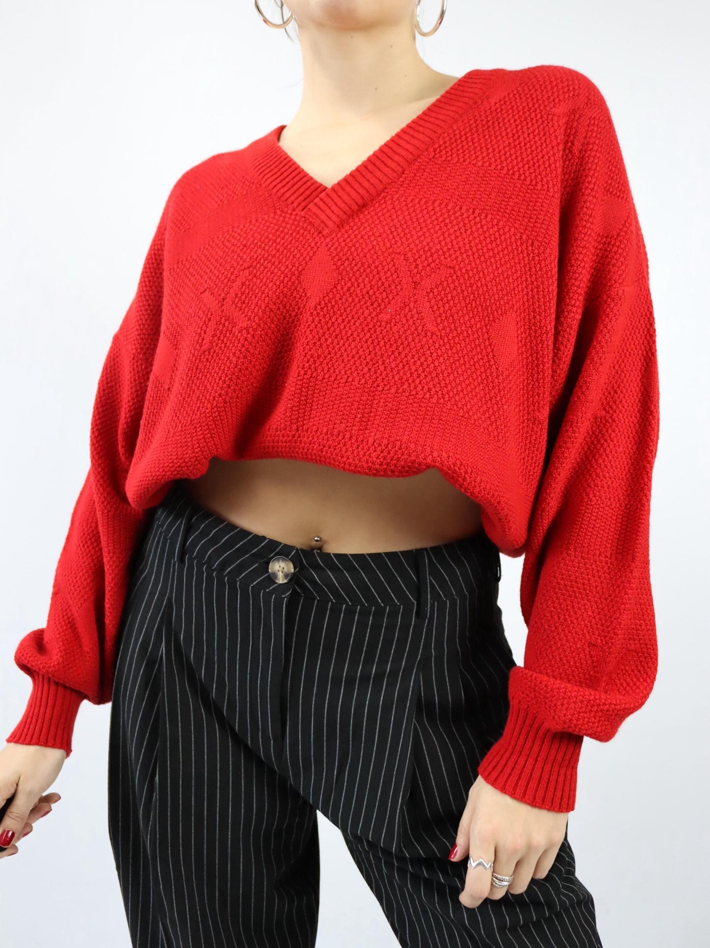Vintage 80s 90s CON LIVELLO Wool Sweater Pullover V-Neck Virgin Wool Red M