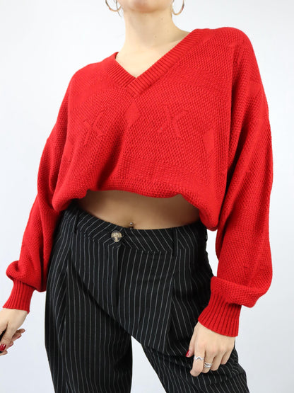 Vintage 80s 90s CON LIVELLO Wool Sweater Pullover V-Neck Virgin Wool Red M