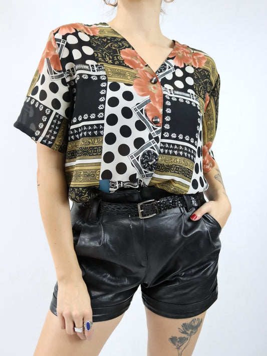 Vintage 80er 90er Bluse kurzarm leicht transparent crazy pattern L