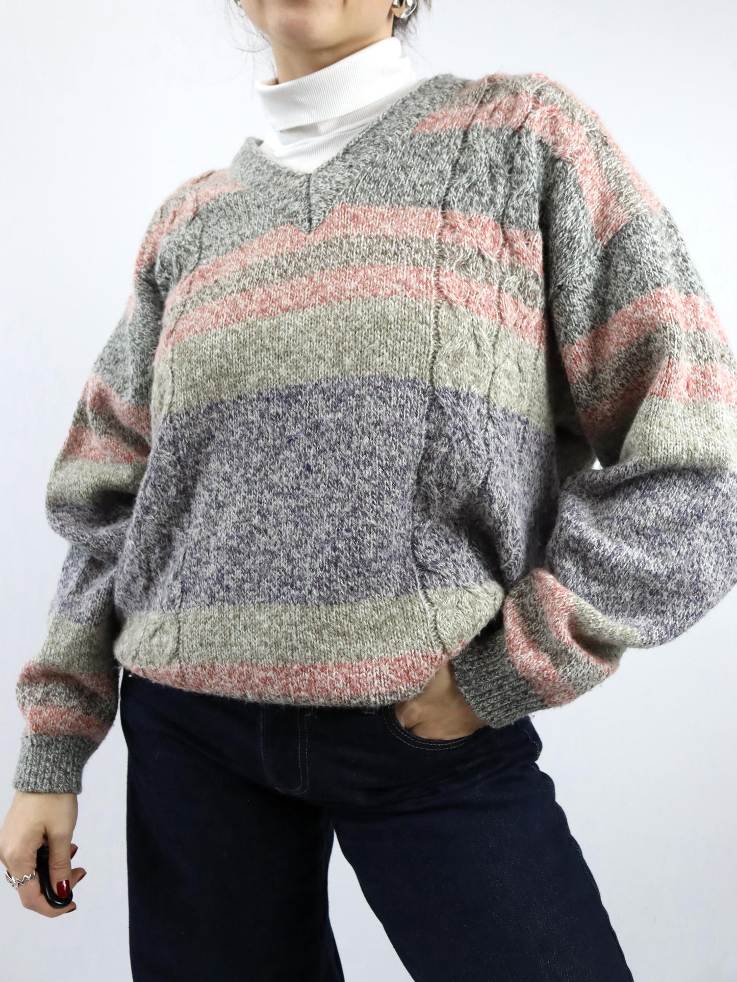 Vintage 80s 90s FOCUS Wool Sweater Angora Lambswool Striped Pastel L