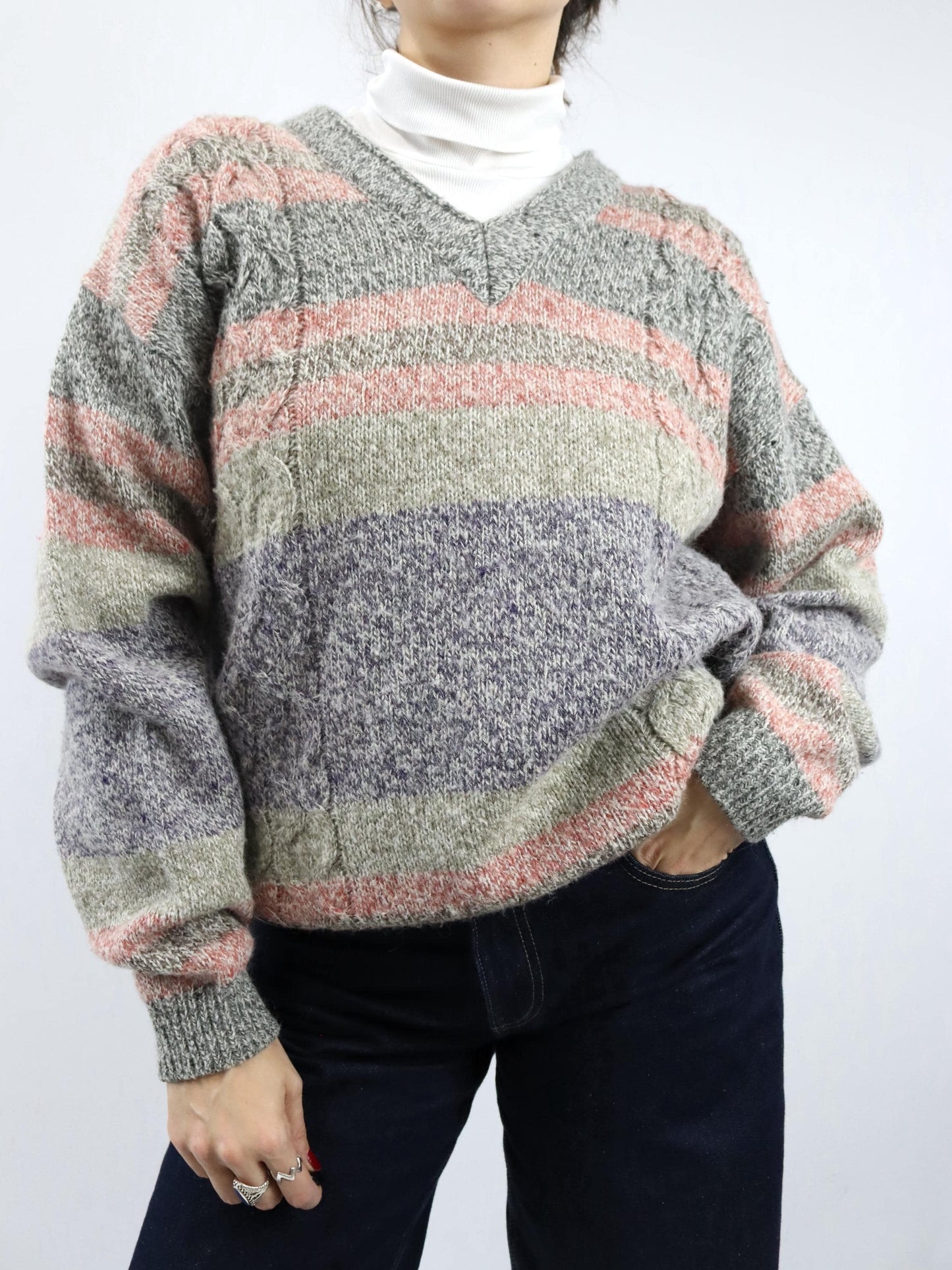 Vintage 80s 90s FOCUS Wool Sweater Angora Lambswool Striped Pastel L