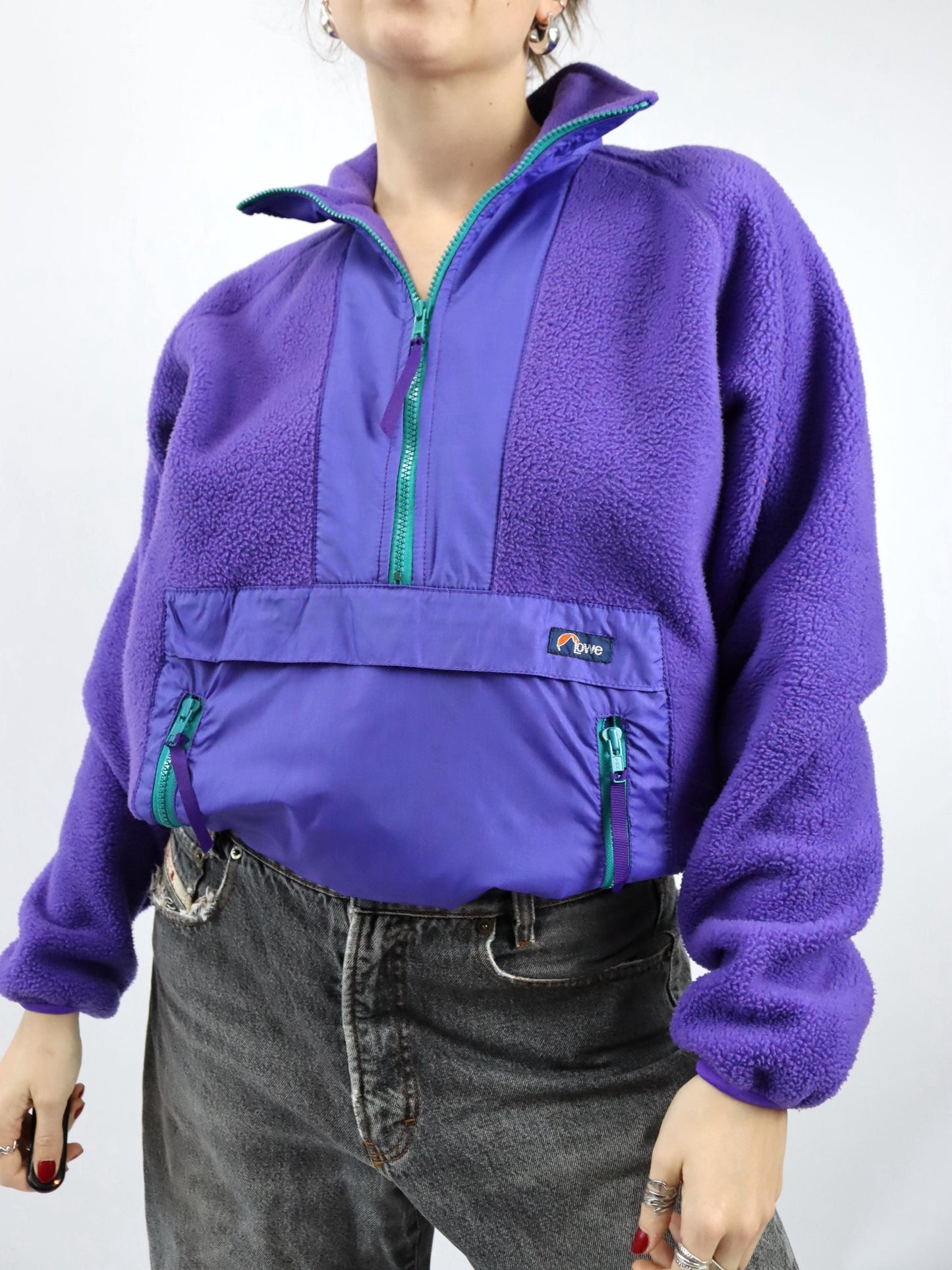 Vintage 80er 90er LOWE Fleecepullover lila Bauchtasche türkis Stehkragen M
