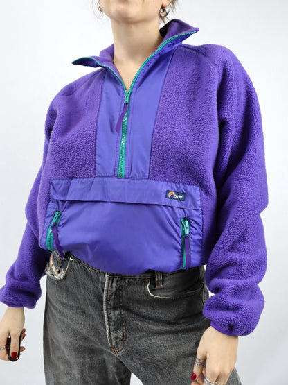 Vintage 80er 90er LOWE Fleecepullover lila Bauchtasche türkis Stehkragen M