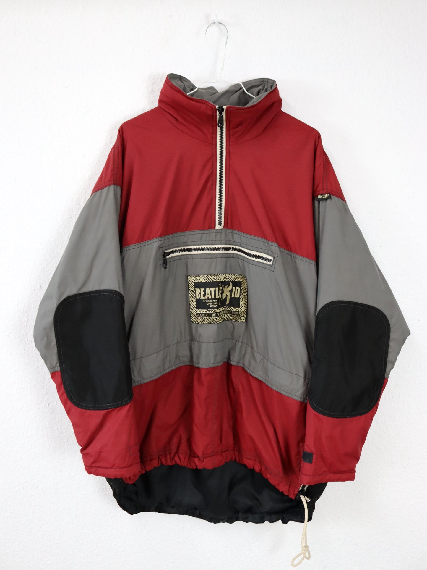 Vintage 80s 90s BEATLEKID Winter Jacket Stand-Up Collar Lightly Lined Pullover Jacket Red Grey M