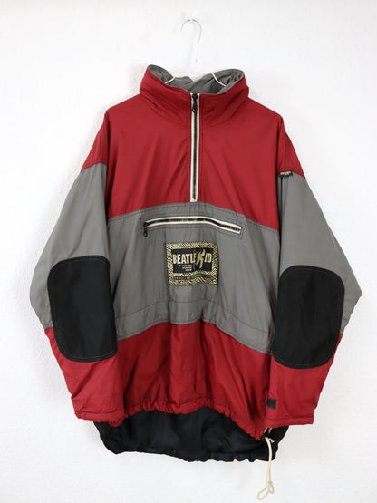 Vintage 80s 90s BEATLEKID Winter Jacket Stand-Up Collar Lightly Lined Pullover Jacket Red Grey M