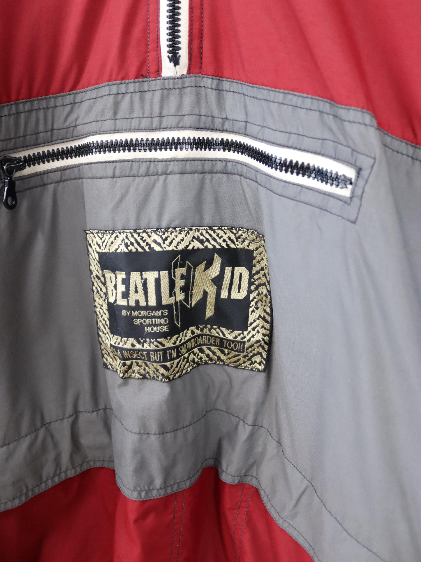 Vintage 80s 90s BEATLEKID Winter Jacket Stand-Up Collar Lightly Lined Pullover Jacket Red Grey M