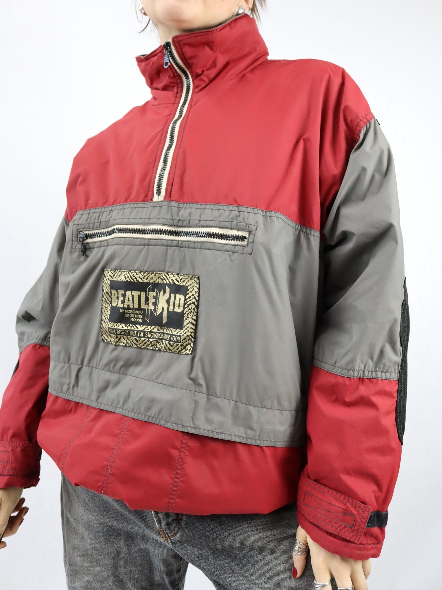 Vintage 80s 90s BEATLEKID Winter Jacket Stand-Up Collar Lightly Lined Pullover Jacket Red Grey M