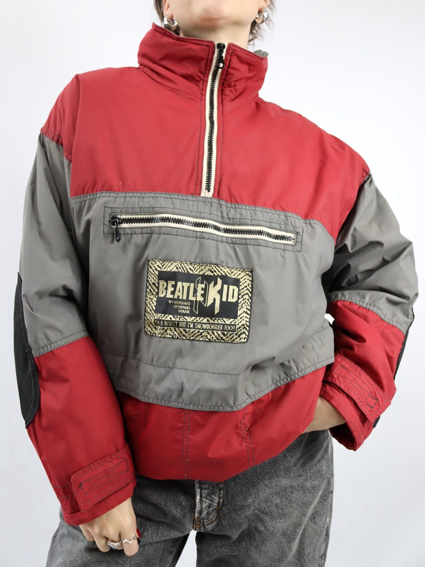 Vintage 80s 90s BEATLEKID Winter Jacket Stand-Up Collar Lightly Lined Pullover Jacket Red Grey M