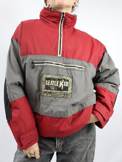 Vintage 80s 90s BEATLEKID Winter Jacket Stand-Up Collar Lightly Lined Pullover Jacket Red Grey M