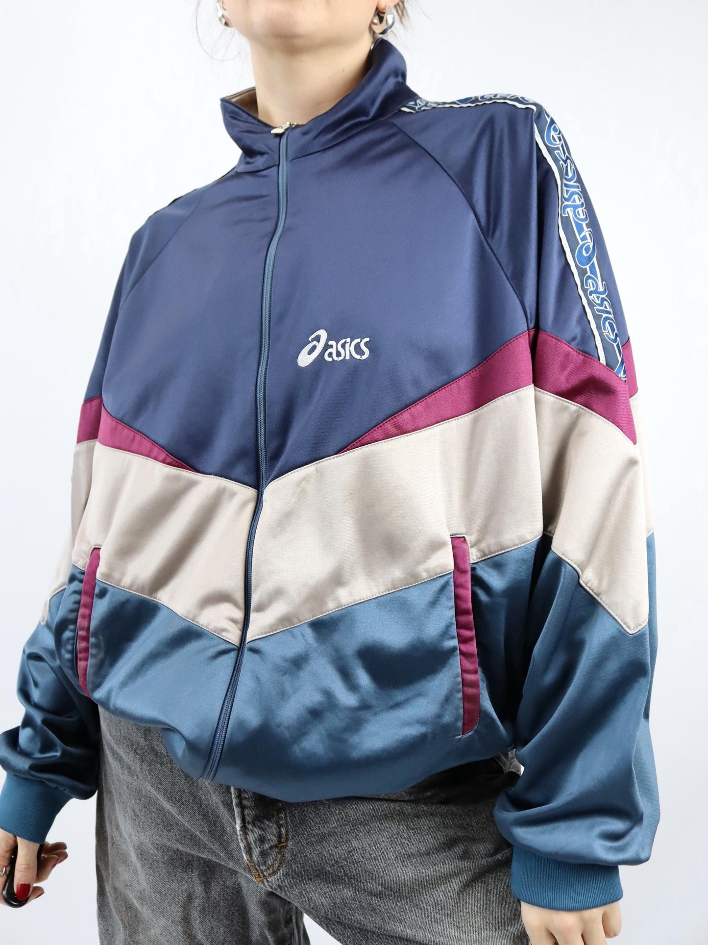 Vintage 80er 90er ASICS Trainingsjacke Jacke Stehkragen dunkelblau beige rot 58 3XL