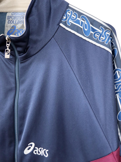 Vintage 80er 90er ASICS Trainingsjacke Jacke Stehkragen dunkelblau beige rot 58 3XL