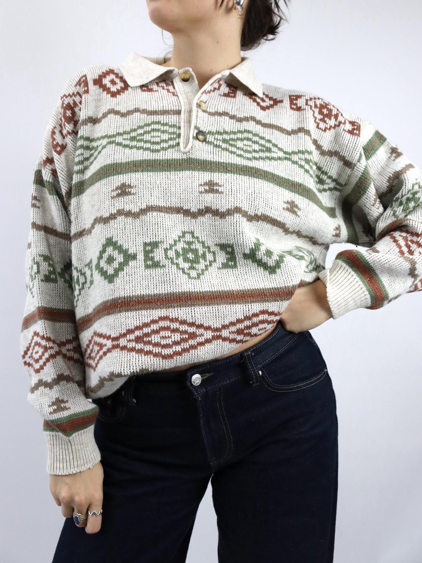 Vintage 80er 90er GAMEOVER Wollpullover gemustert beige cremeweiß Wolle M