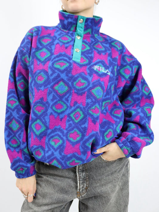 Vintage 80er 90er FILA Magic Line Fleecepullover crazy pattern Stehkragen 50 L