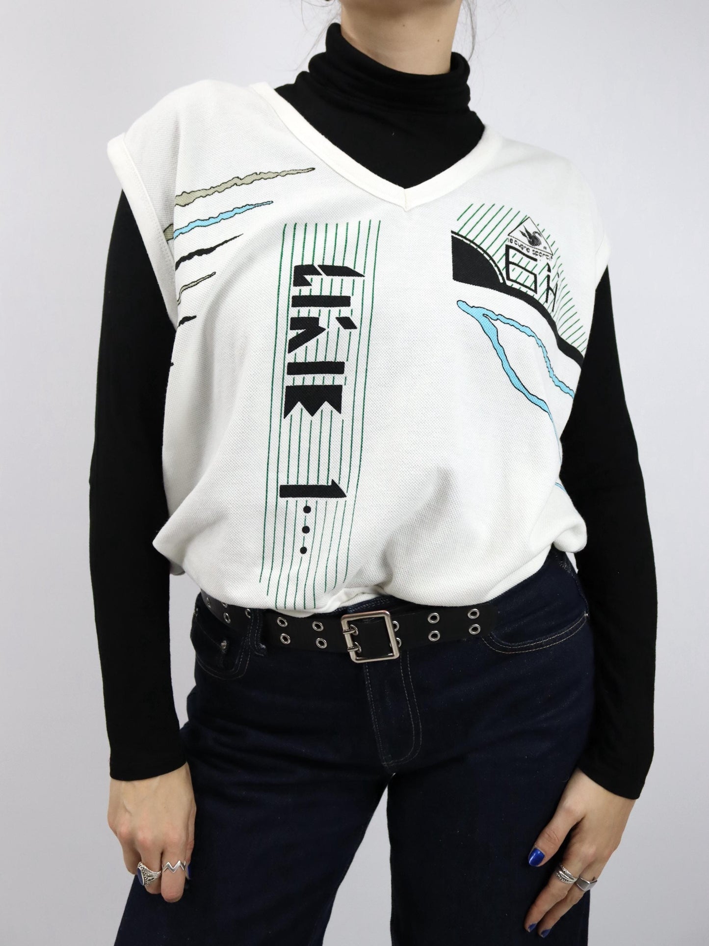 Vintage 80er 90er LE CYGNE SPORTIF Pullunder weiß crazy pattern L