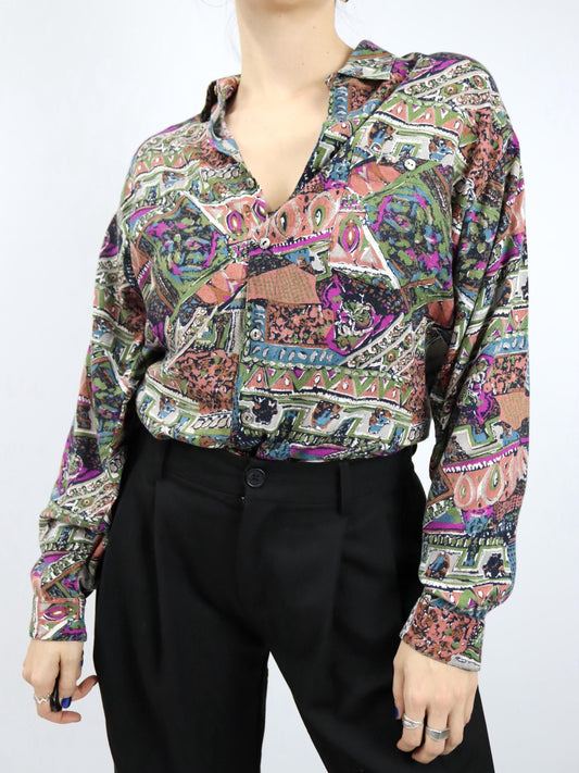 Vintage 80er 90er EROS Bluse langarm crazy pattern bunt XL