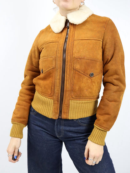 Vintage 70s 80s Suede Leather Jacket Sherling brown lined XS/S