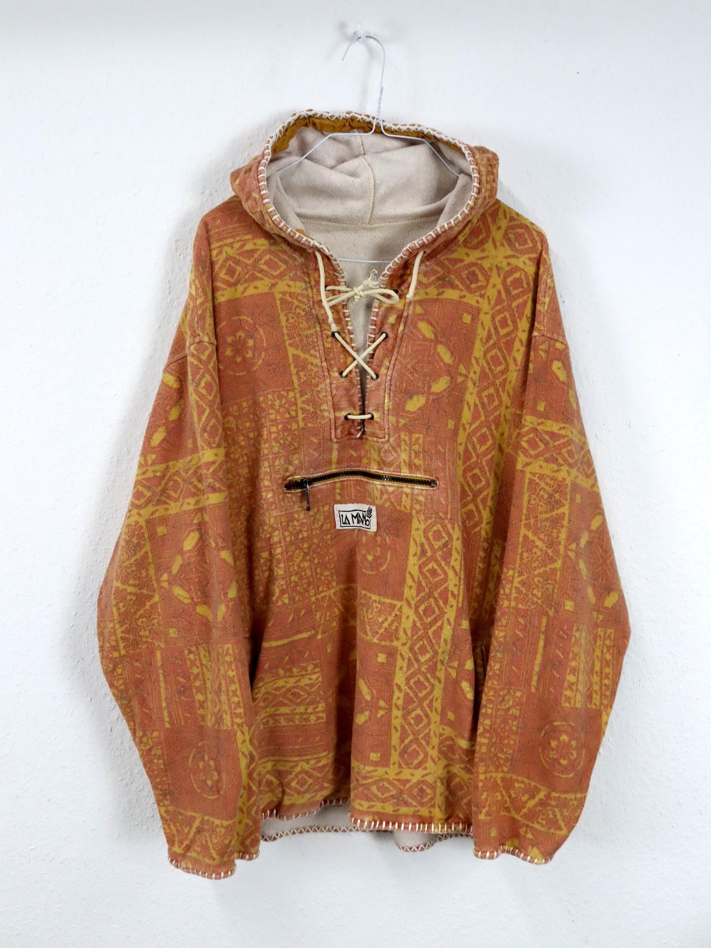 Vintage 80er 90er LA MANO Hoodie Pullover gemustert orange gelb XL