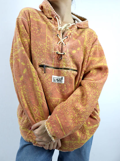 Vintage 80er 90er LA MANO Hoodie Pullover gemustert orange gelb XL