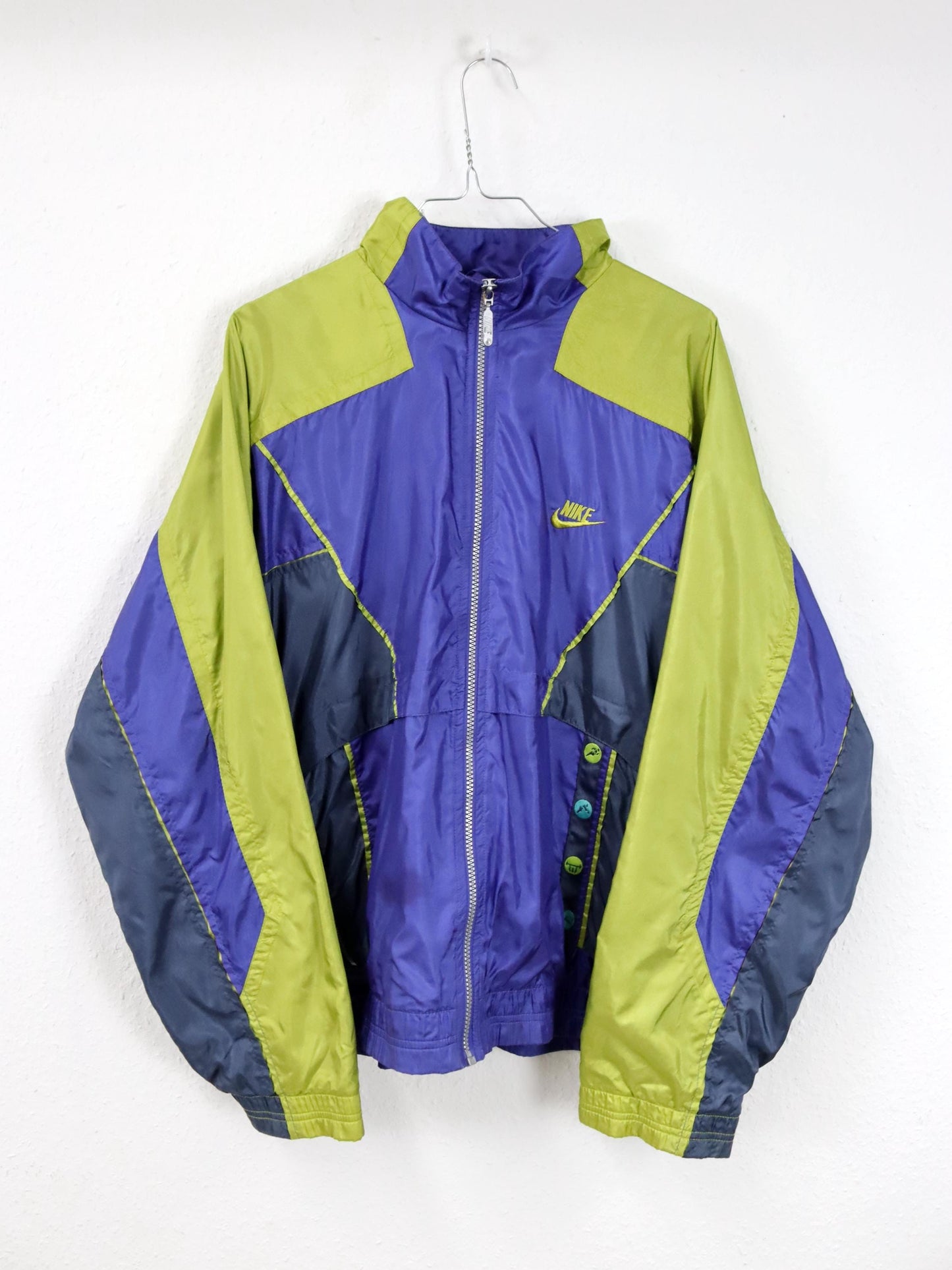 Vintage 80er 90er NIKE Trainingsjacke Jacke Stehkragen Stickerei lila grün doppellagig M