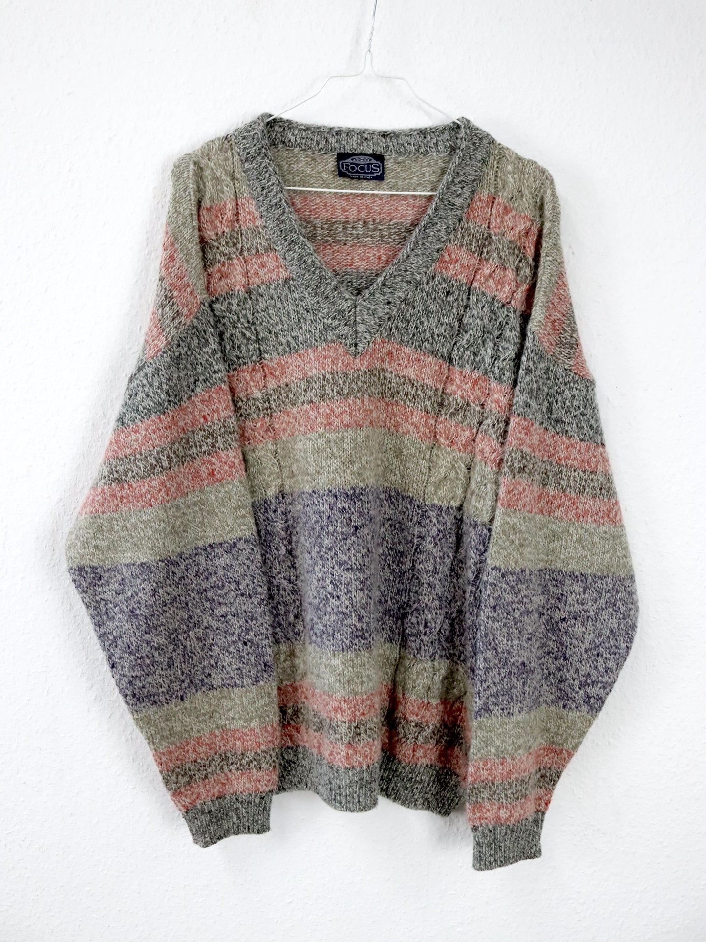 Vintage 80s 90s FOCUS Wool Sweater Angora Lambswool Striped Pastel L