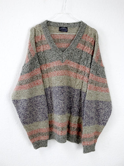 Vintage 80s 90s FOCUS Wool Sweater Angora Lambswool Striped Pastel L