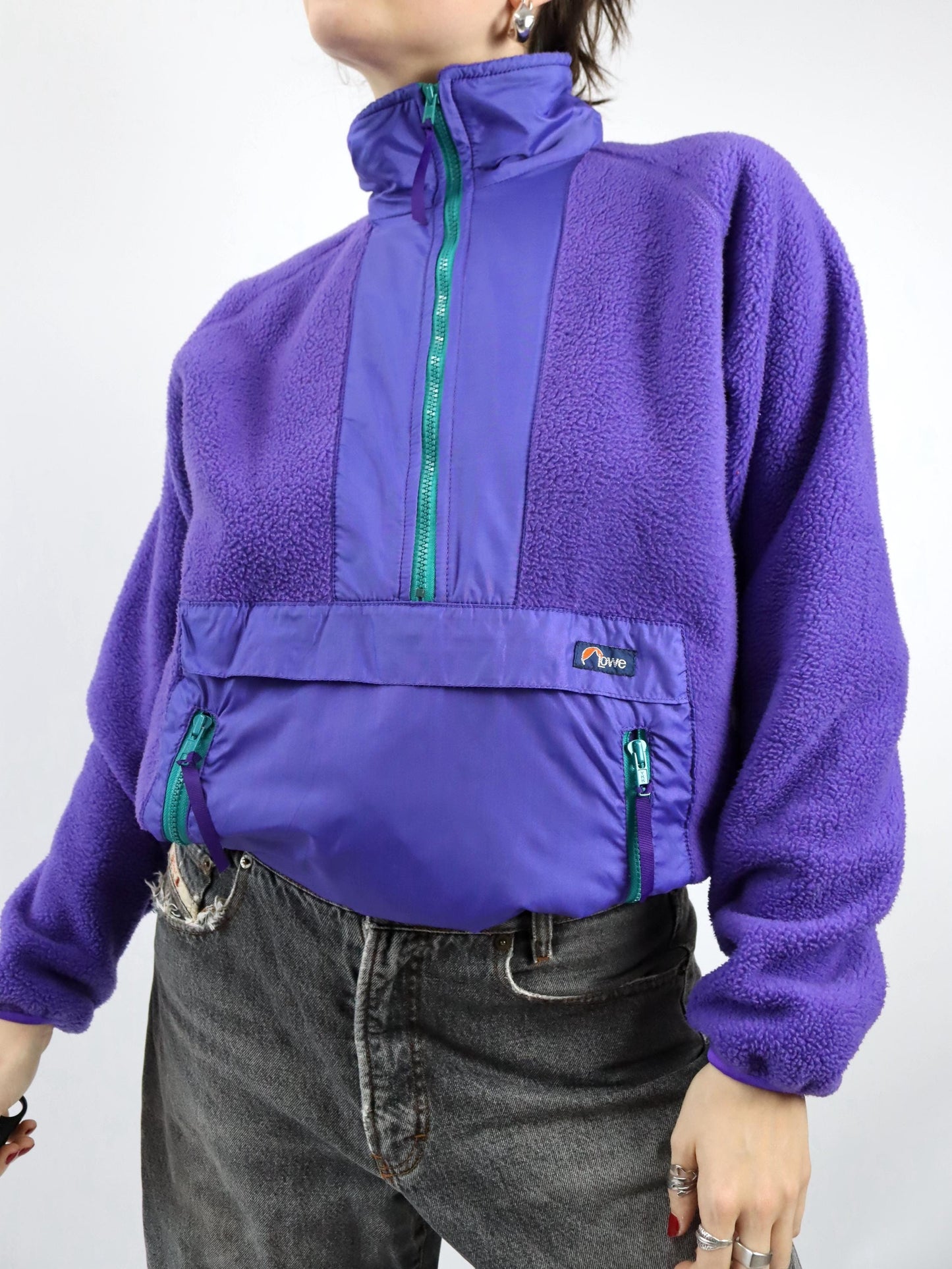 Vintage 80er 90er LOWE Fleecepullover lila Bauchtasche türkis Stehkragen M