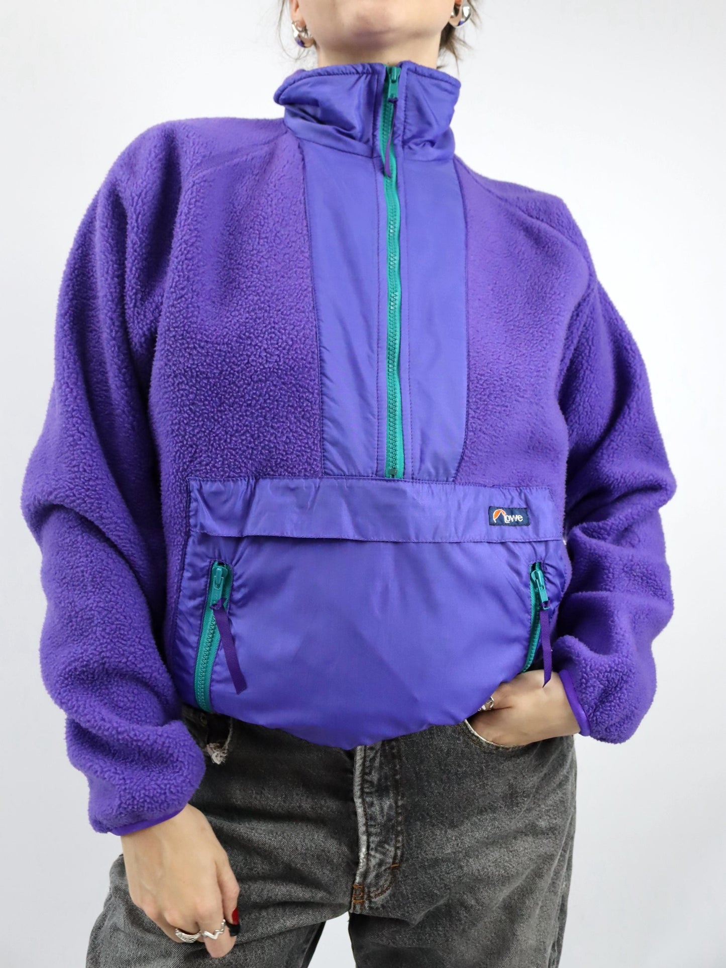 Vintage 80er 90er LOWE Fleecepullover lila Bauchtasche türkis Stehkragen M