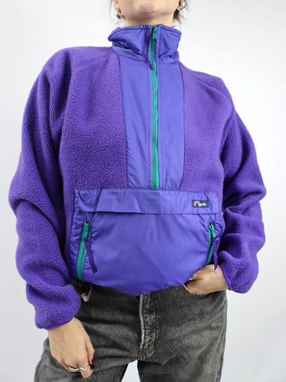 Vintage 80er 90er LOWE Fleecepullover lila Bauchtasche türkis Stehkragen M