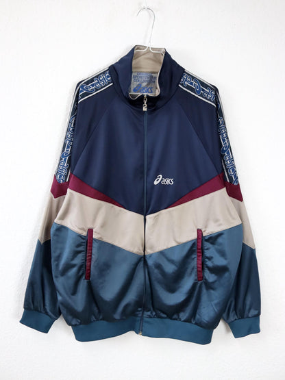 Vintage 80er 90er ASICS Trainingsjacke Jacke Stehkragen dunkelblau beige rot 58 3XL