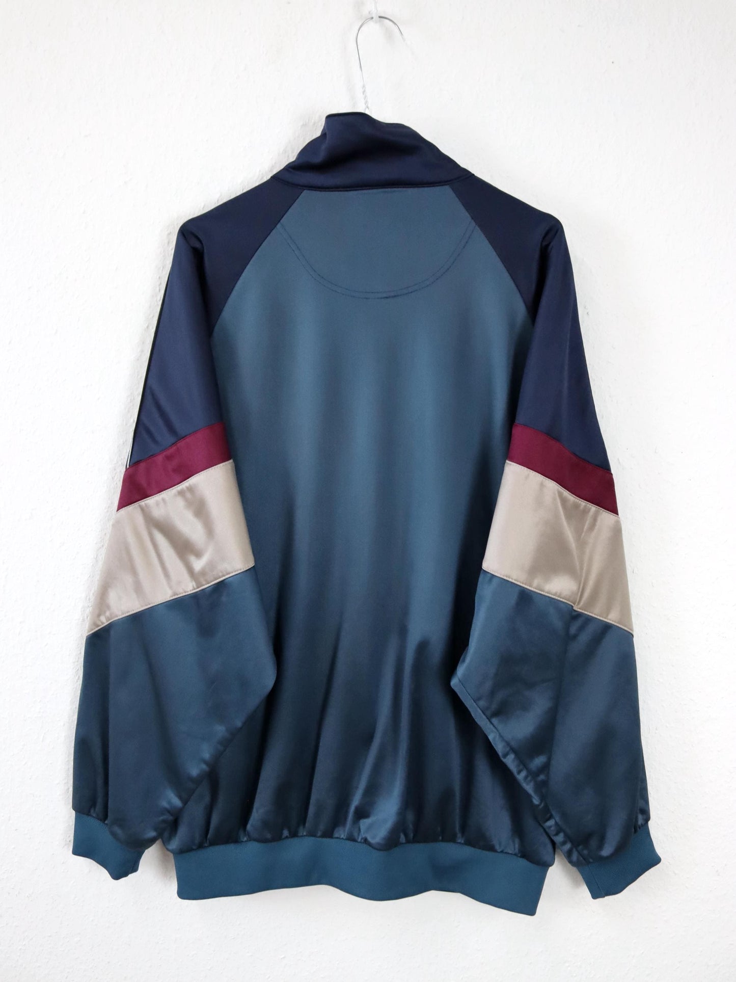 Vintage 80er 90er ASICS Trainingsjacke Jacke Stehkragen dunkelblau beige rot 58 3XL