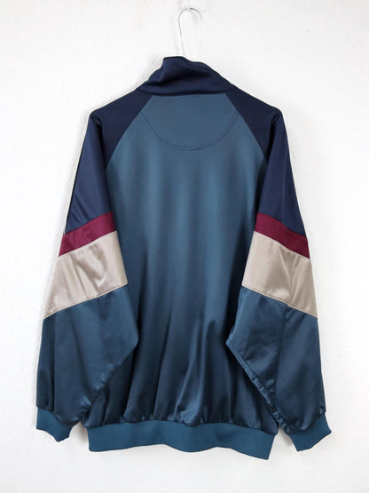 Vintage 80er 90er ASICS Trainingsjacke Jacke Stehkragen dunkelblau beige rot 58 3XL