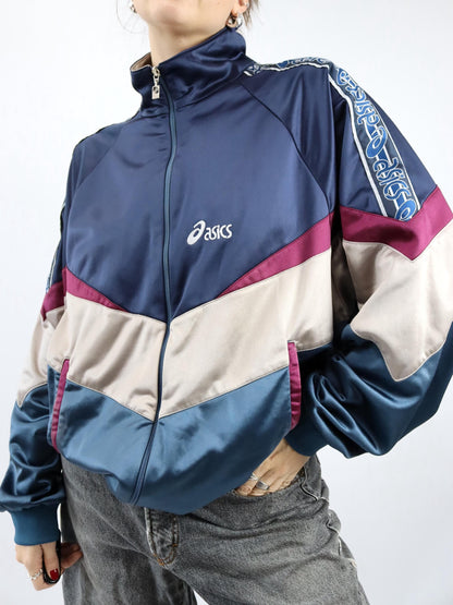 Vintage 80er 90er ASICS Trainingsjacke Jacke Stehkragen dunkelblau beige rot 58 3XL