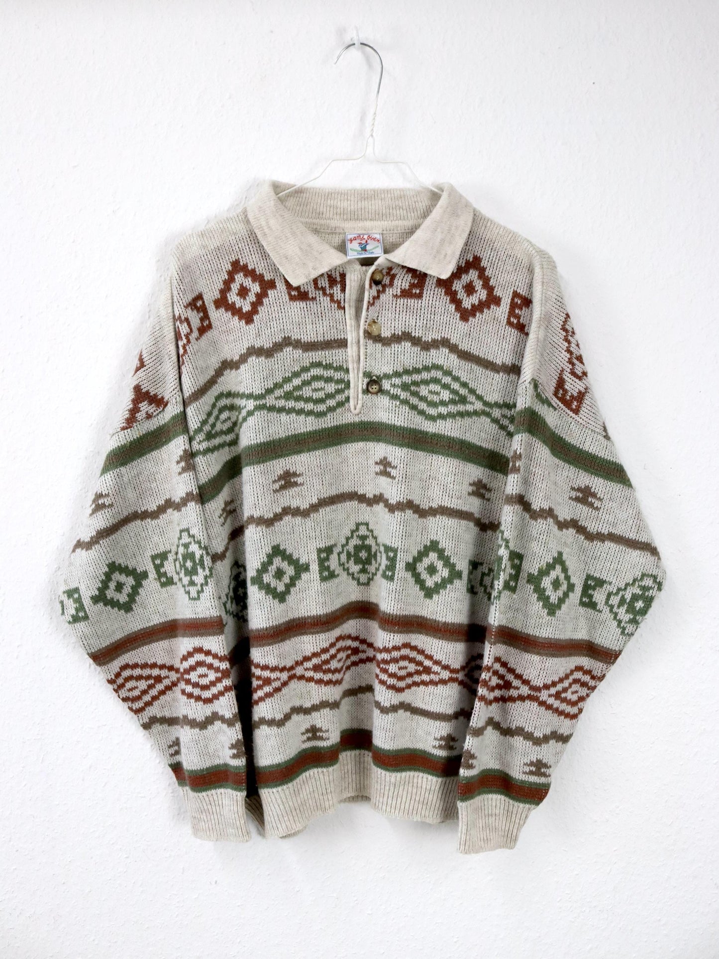 Vintage 80er 90er GAMEOVER Wollpullover gemustert beige cremeweiß Wolle M