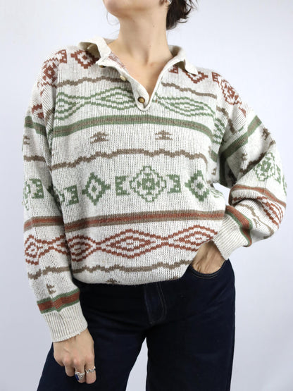 Vintage 80er 90er GAMEOVER Wollpullover gemustert beige cremeweiß Wolle M