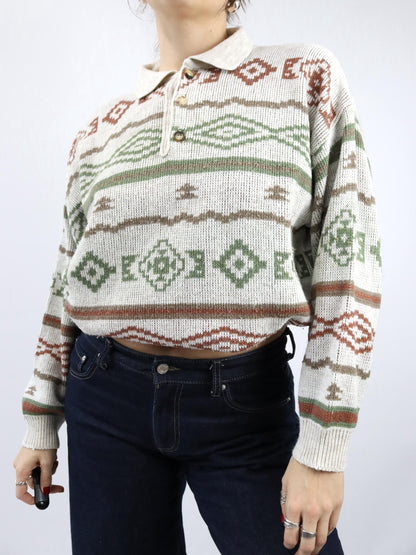 Vintage 80er 90er GAMEOVER Wollpullover gemustert beige cremeweiß Wolle M