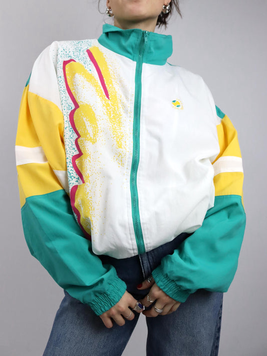 Vintage 80er 90er CITY CLUB Trainingsjacke Jacke Stehkragen crazy pattern grün weiß gelb L