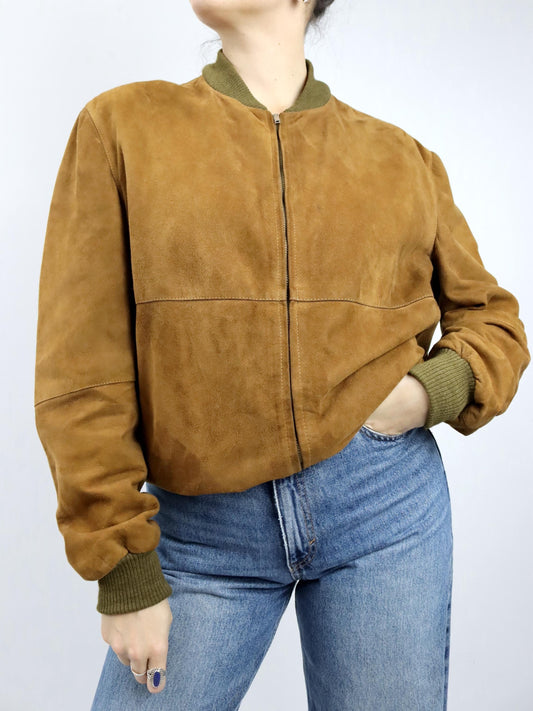 Vintage 80er 90er VERA PELLE Wildlederjacke Jacke braun Leder Bomberjacke 50 L