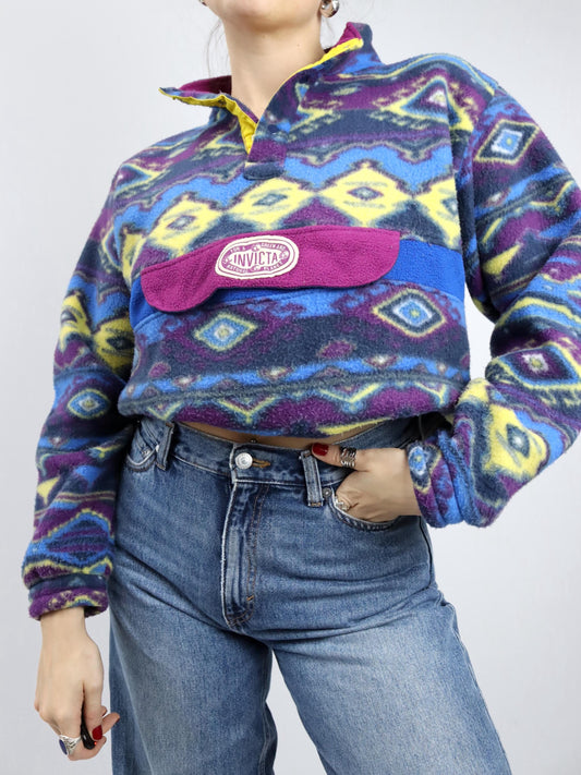 Vintage 80er 90er INVICTA Fleecepullover Pullover Stehkragen crazy pattern M