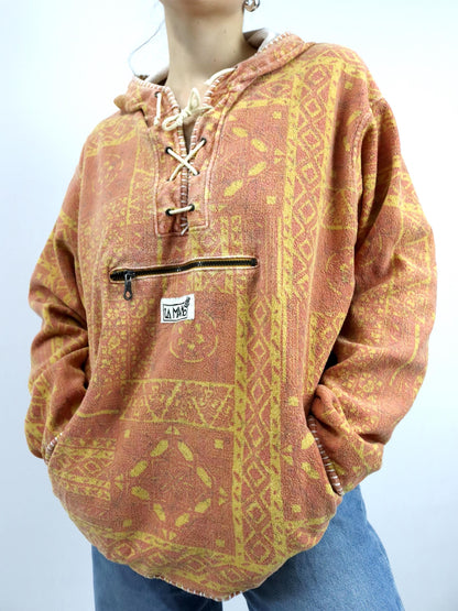 Vintage 80er 90er LA MANO Hoodie Pullover gemustert orange gelb XL