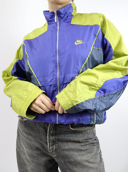 Vintage 80er 90er NIKE Trainingsjacke Jacke Stehkragen Stickerei lila grün doppellagig M