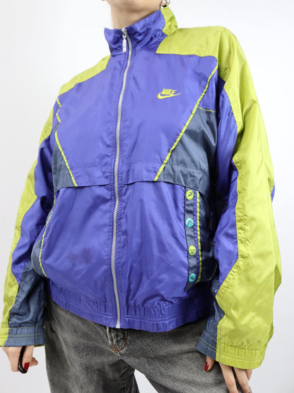 Vintage 80er 90er NIKE Trainingsjacke Jacke Stehkragen Stickerei lila grün doppellagig M