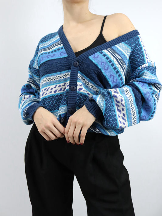 Vintage 80er 90er JACUARD Cardigan Strickjacke gemustert weiß blau M