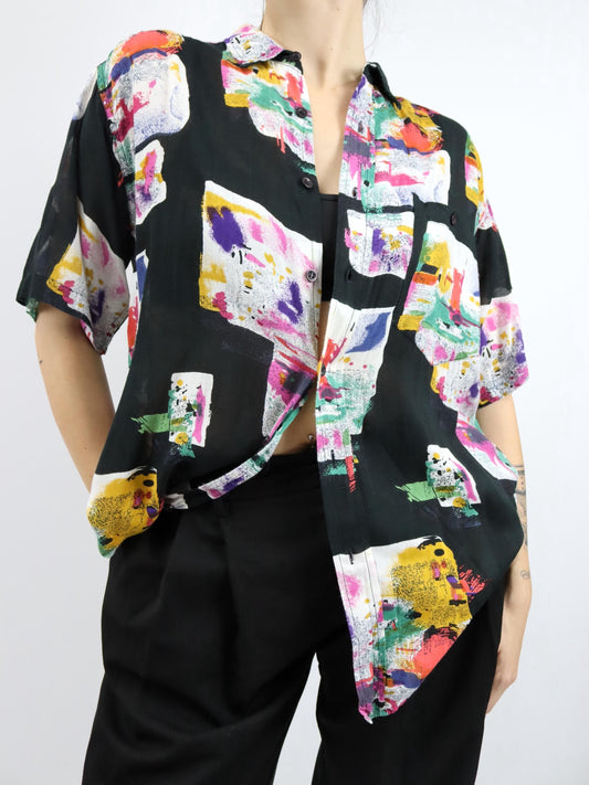 Vintage 80er 90er COMPANY Hemd Bluse kurzarm crazy pattern Viskose M