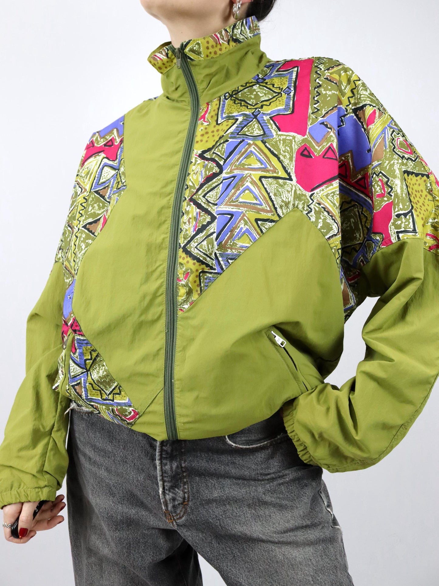 Vintage 80er 90er HIBERNIA Trainingsjacke Jacke Stehkragen crazy pattern grün bunt 50/52 L