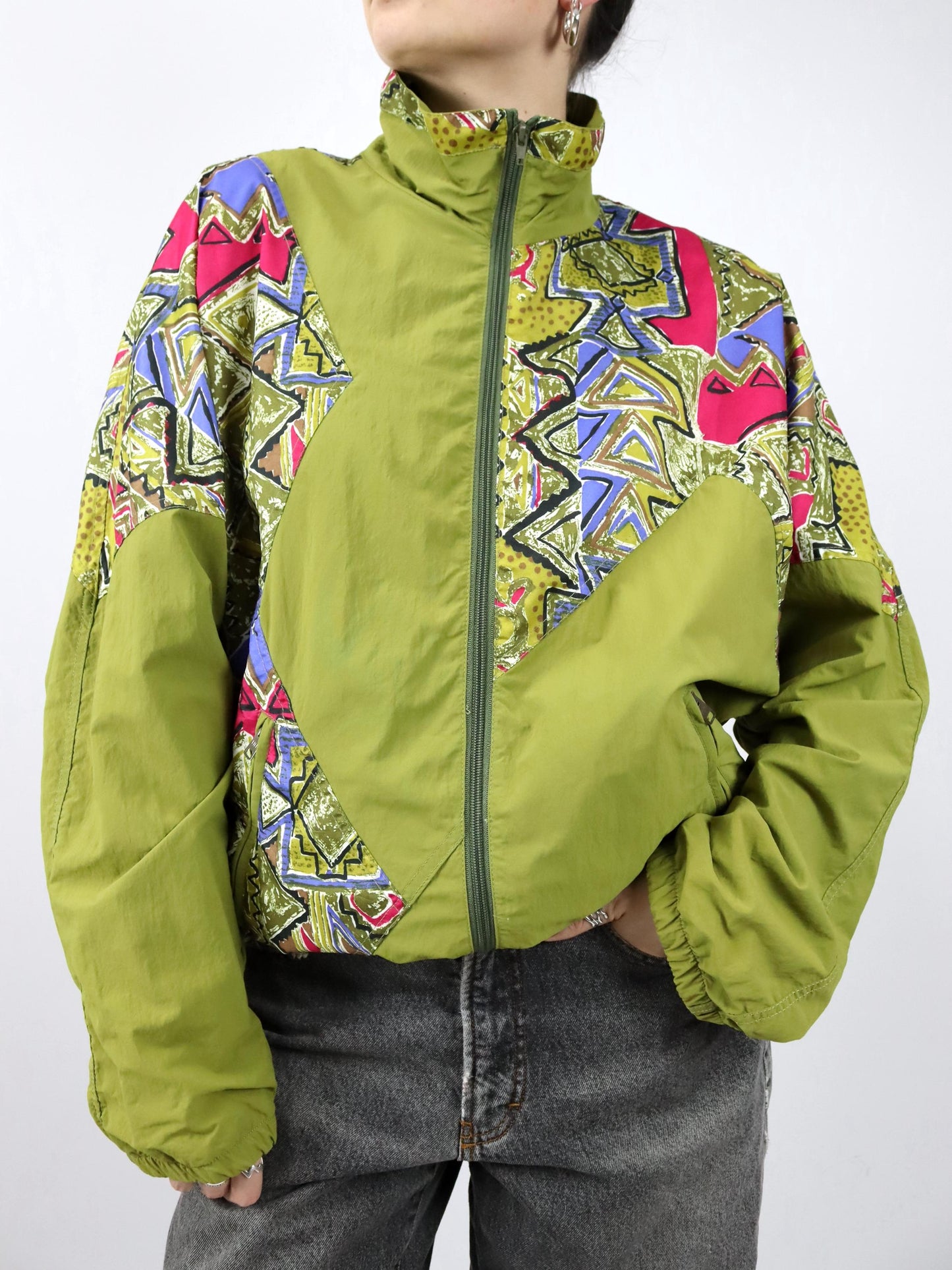 Vintage 80er 90er HIBERNIA Trainingsjacke Jacke Stehkragen crazy pattern grün bunt 50/52 L